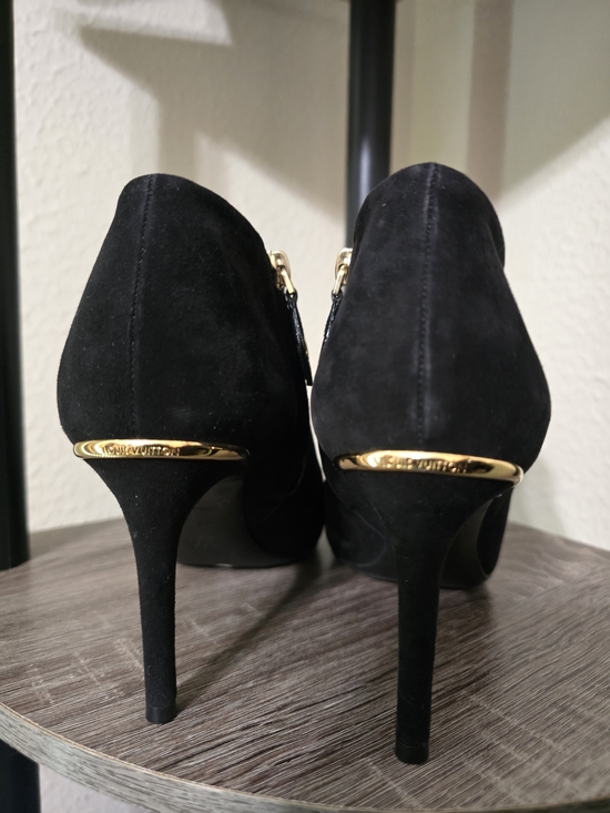 Louis Vuitton Shoes - Black Suede Stiletto Heels with Gold Accent - Designer Style